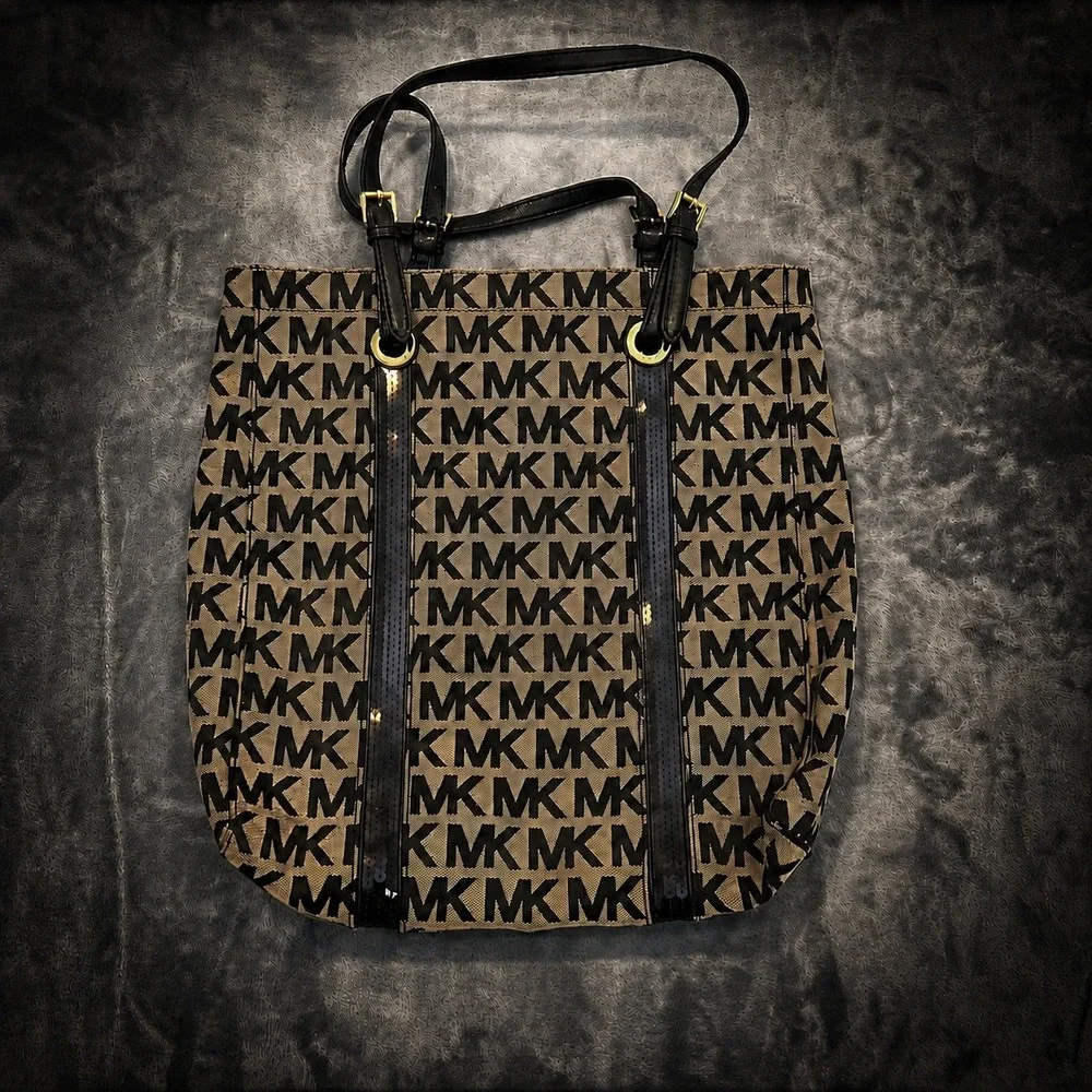 Michael Kors Womens Tote Handbag Sequin Stripes Jacquard Black Beige Large NWT